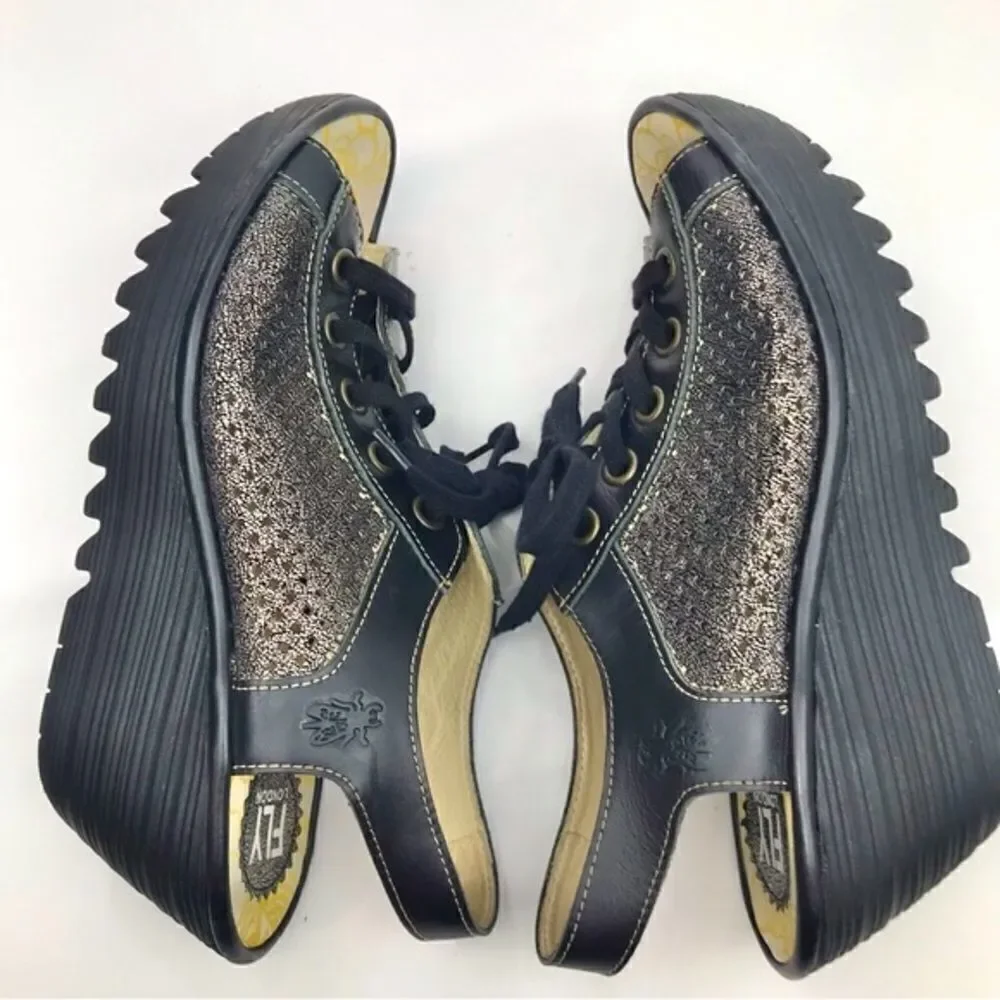 Fly London Black Metallic Perforated Leather Slingback Lace Up Chunky Wedges